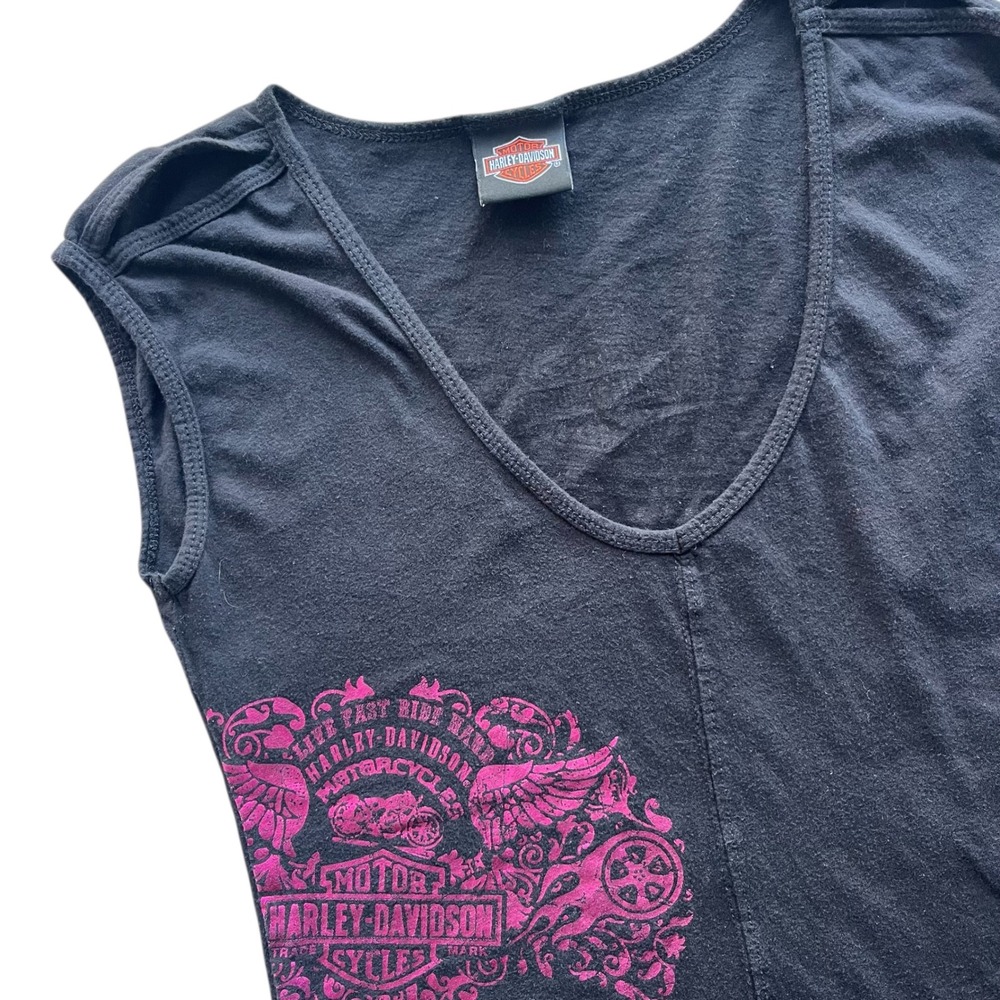Harley Davidson Women M Black Pink Metallic Skull Wings Sleeveless Tank Top Indi